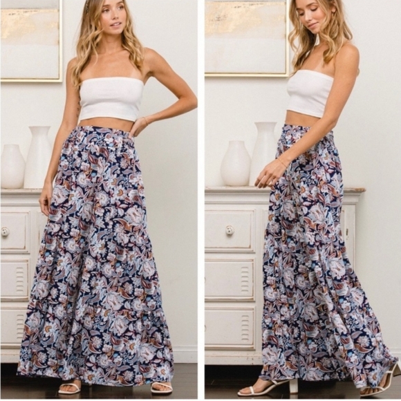 BOHO CHIC FLORAL PRINT GYPSY WIDE LEG PANTS - Picture 2 of 3